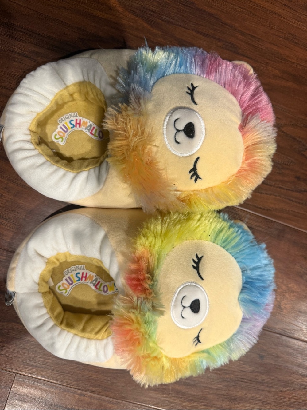 Squishmallows Rainbow Plush Slippers - Yellow with Multicolor Fur
